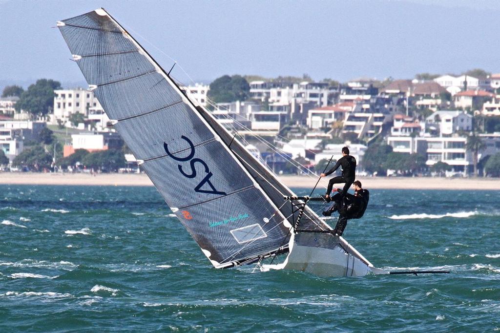 ASC (NZL) hits a launch wake and pays the price - Day 4 - ANZAC 18fters - April 2016 © Richard Gladwell www.photosport.co.nz